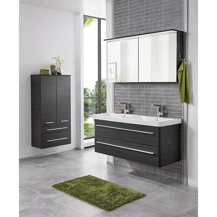 Modern 3.0 LED-Spiegelschrank - B x H: 120 x 68,4 cm, Mit Beleuchtung, Spanplatte, Darkoak - Stimmungsaufnahme