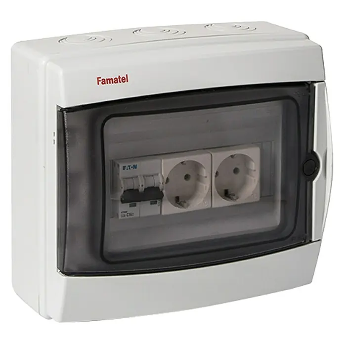 Famatel Cuadro eléctrico de superficie con enchufe doble 2P+TT - Número de hileras: 1 ud., Número de módulos: 3 ud., IP65