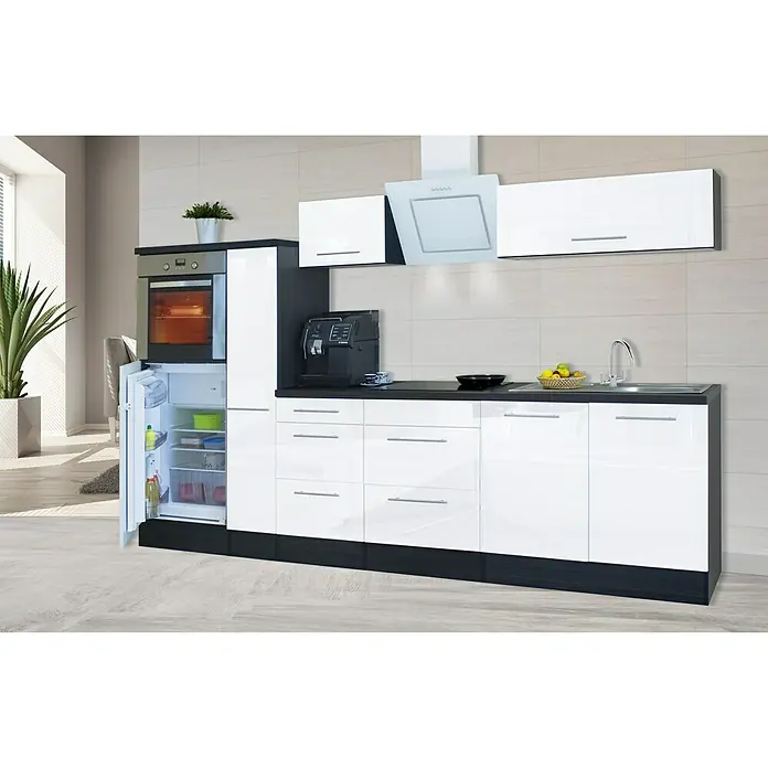 Respekta Premium Küchenzeile RP300HEWBO - Breite: 300 cm, Mit Elektrogeräten, Weiß Hochglanz