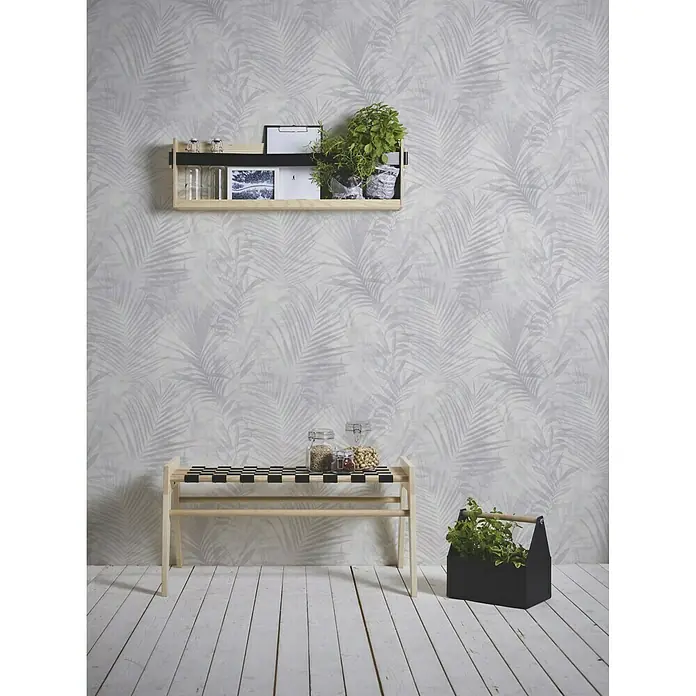 AS Creation Neue Bude 2.0 ED II Vliestapete Palme - Grau, Floral, 10,05 x 0,53 m - Stimmungsaufnahme