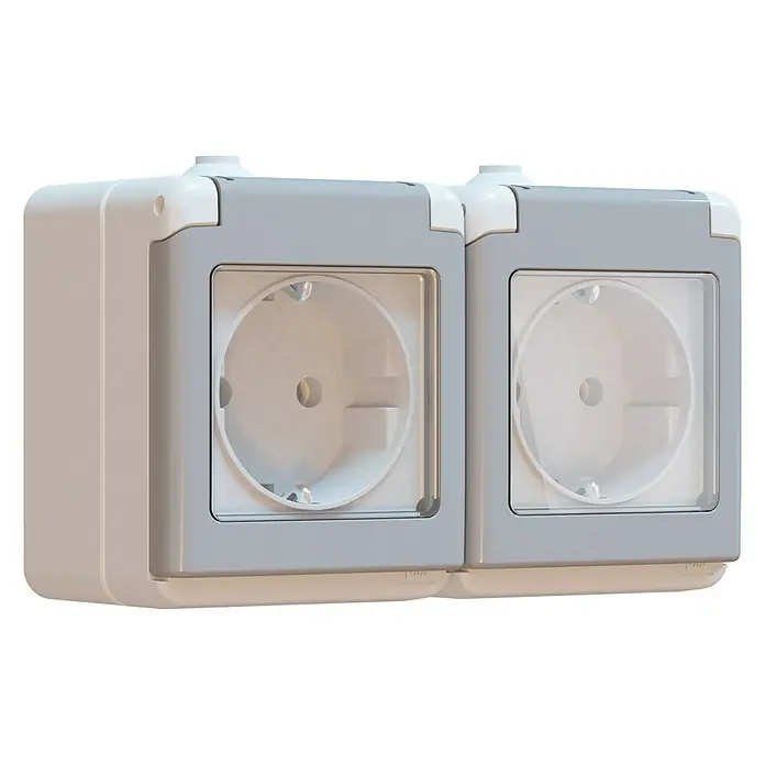 Elektro Material Fluid Enchufe para estancias con humedad - x 2, Horizontal, Montaje en la pared, IP44, Gris
