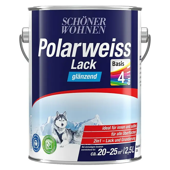 SCHÖNER WOHNEN-Farbe Weißlack Polarweiß Basis 4 - Basismischfarbe, 2,5 l, Glänzend - Vorderansicht