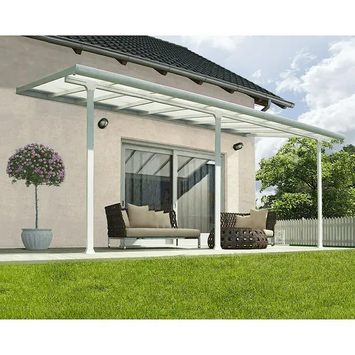 Nadstrešnica za terasu Tuscany LED - Dubina: 3 m, Š x V: 5,46 x 2,1 m, Bijele boje - Živopisni prikaz