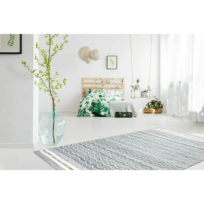 Kayoom Flachgewebeteppich Mirage - Grau/Violett, 170 x 120 cm, 80 % Wolle, 20 % Viskose - Stimmungsaufnahme