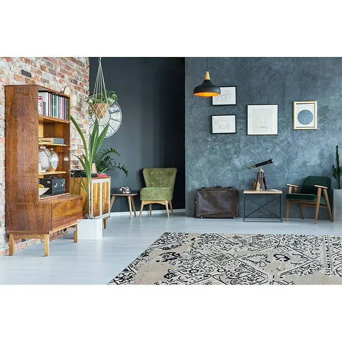 Kayoom Flachgewebeteppich River 120 - Grau/Schwarz, 150 x 80 cm, 70 % Baumwolle, 30 % Polyester - Stimmungsaufnahme