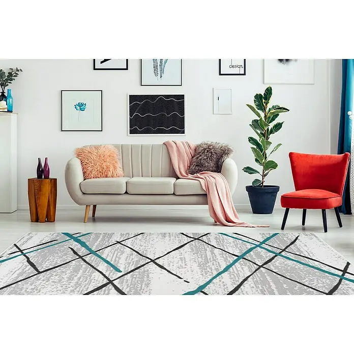 Kayoom Kurzflorteppich Vancouver 110 - Grau/Blau, 150 x 80 cm, 100 % Polypropylen - Stimmungsaufnahme