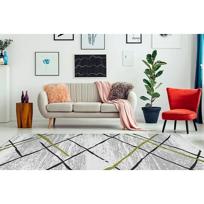 Kayoom Kurzflorteppich Vancouver 110 - Grau/Grün, 290 x 200 cm, 100 % Polypropylen - Stimmungsaufnahme