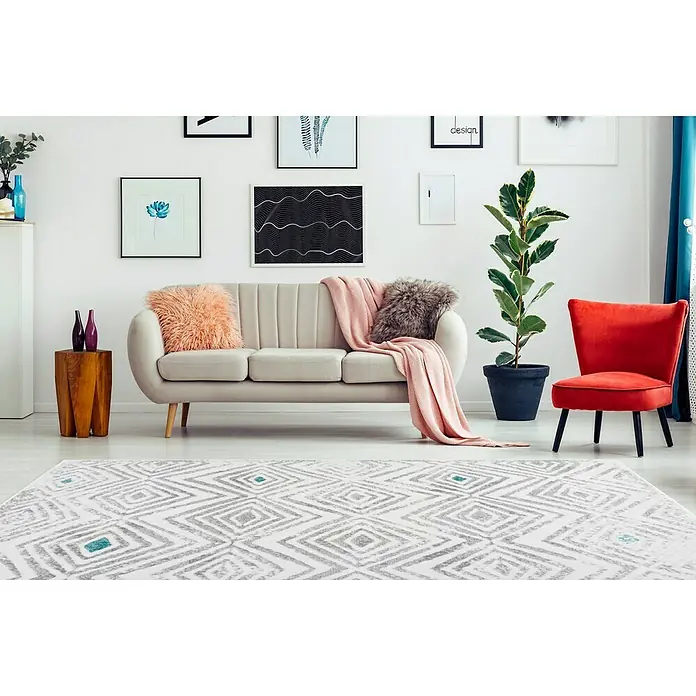 Kayoom Kurzflorteppich Vancouver 410 - Weiß/Grau, 170 x 120 cm, 100 % Polypropylen - Stimmungsaufnahme