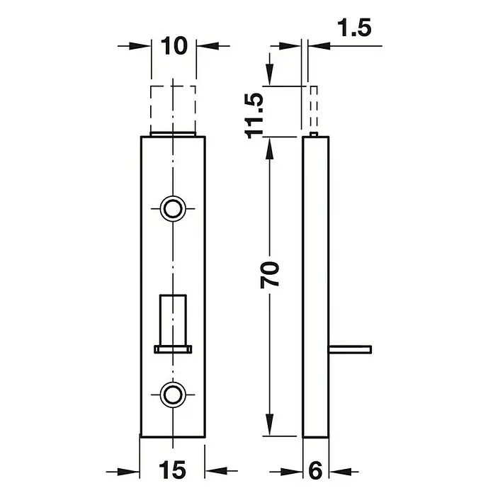 Häfele Schuif grendel - l x b x h: 70 x 15 x 6 mm, Vernikkeld - Vooraanzicht