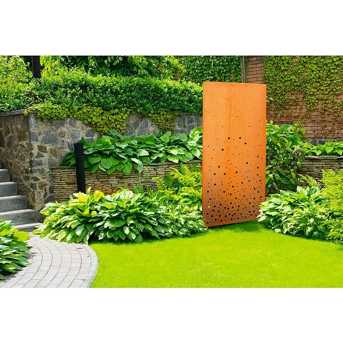 Palatino Space Vertical Sichtschutzelement Vapor - 87 x 180 cm, Cortenstahl, Motiv: Wassertropfen, Edelrost - Stimmungsaufnahme
