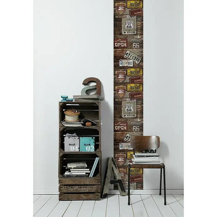 AS Creation Designpanel pop.up - Schild USA, Braun/Grau/Weiß, 35 cm x 2,5 m - Stimmungsaufnahme