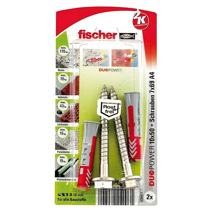 Fischer Duopower Dübel- & Schraubenbox 10 x 50 S A4 - Durchmesser Dübel: 10 mm, Länge Dübel: 50 mm, 2 Stk., Sechskantschraube, Edelstahl