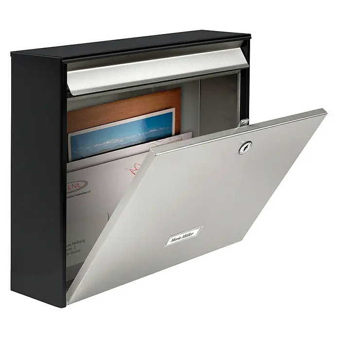 Burg-Wächter Briefkasten Oxford - Stahl, L x B x H: 100 x 362 x 322 mm, Schwarz, Edelstahl, Format Einwurf: DIN C4, 333 x 34 mm, Ohne Zeitungsfach - Vorderansicht
