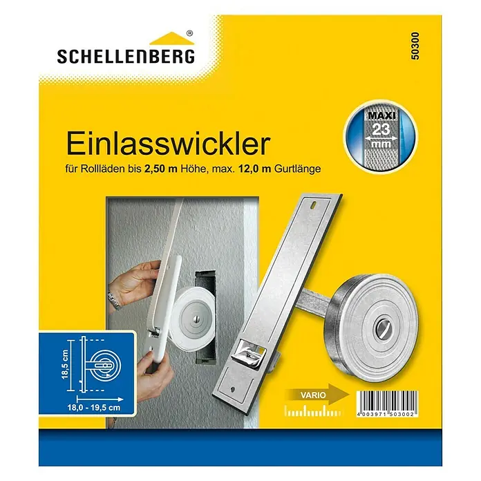 Schellenberg Einlasswickler Maxi - Lochabstand: 185 mm, Gurtbreite: 23 mm, Max. Gurtlänge: 12 m - Vorderansicht