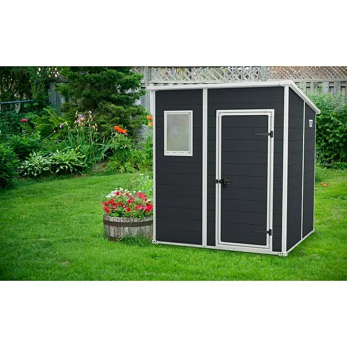 Keter Caseta para jardín Manor Pent 6x6 - Plástico, Antracita/Blanco - Foto ambiente