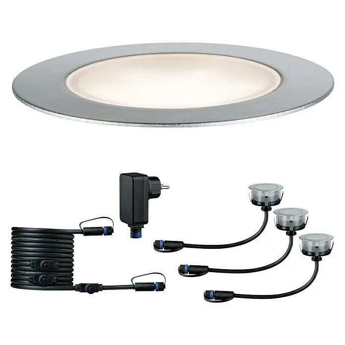 Paulmann Plug & Shine Set de luces de jardín LED Floor - Plateado, IP65, 1,3 W, Diámetro: 7 cm, 3 ud. - Vista frontal