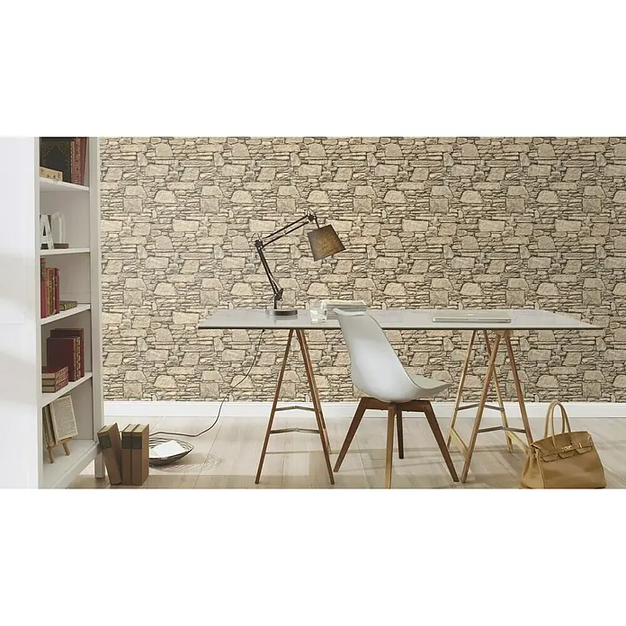 Rasch Vliestapete Stein - Beige, Steinoptik, 10,05 x 0,53 m - Stimmungsaufnahme