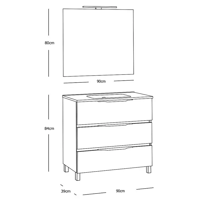 Conjunto de mueble de baño Abril Slim - 90 cm, Gris plata, Mate, 3 piezas