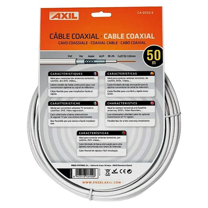 Cable coaxial CA07 - Largo: 50 m, Blanco
