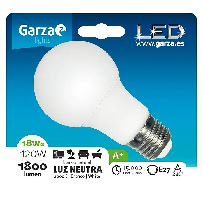 Garza Bombilla LED - 18 W, E27, Blanco neutro, 1.800 lm
