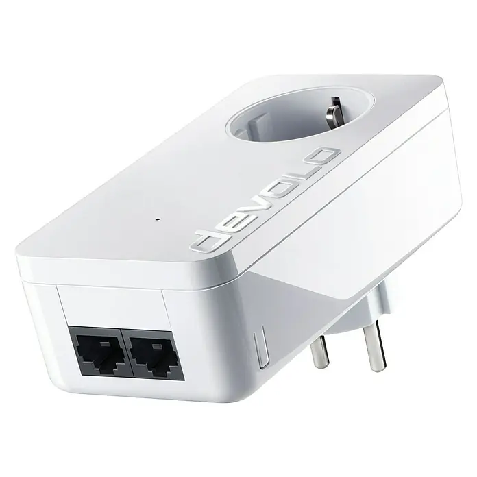 Devolo Netzwerkadapter LAN Komfort - 1 Stk., 1 x Schukostecker (Typ F), 1 x Schukobuchse (Typ F), 2 x RJ45-Buchse, Weiß - Vorderansicht