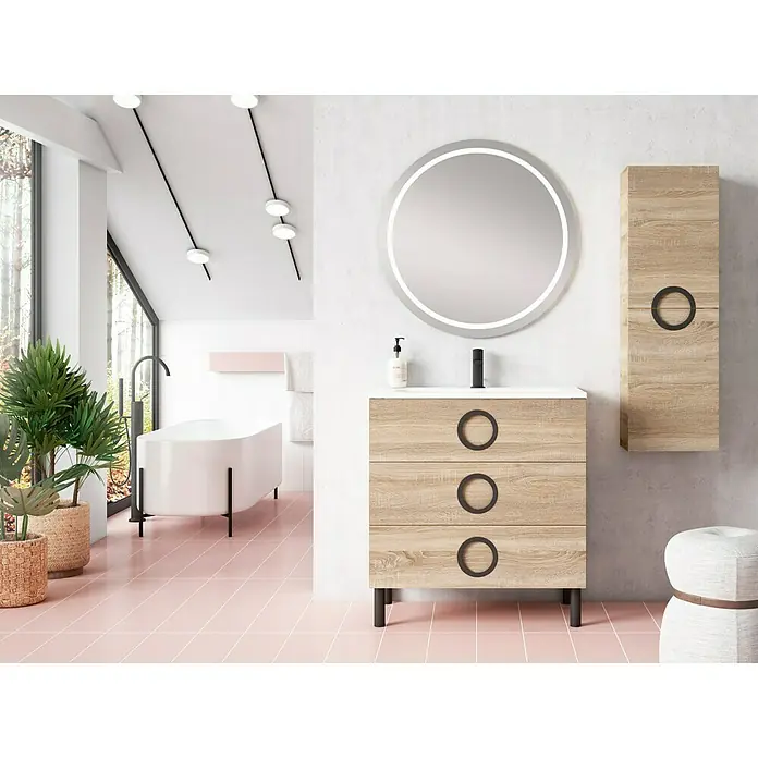 Camargue Mueble de lavabo Moon - L x An x Al: 45 x 100 x 85 cm, Roble, Mate, Color tirador: Negro mate