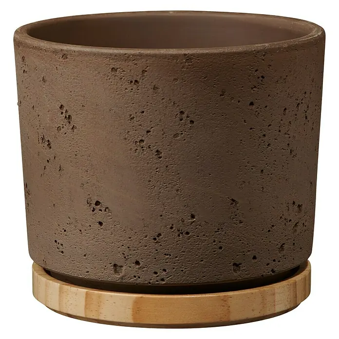 Soendgen Keramik Übertopf rund Paros Deluxe - Außenmaß (Ø x H): 16 x 14 cm, Sandgrau, Holz