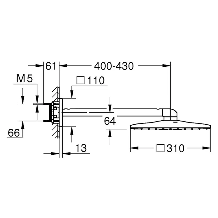 Grohe Kopfbrausen-Set Rainshower Smartactive 310 Cube - 31 x 31 cm, 25 l/min bei 3 bar, Wandmontage, Chrom - Vorderansicht