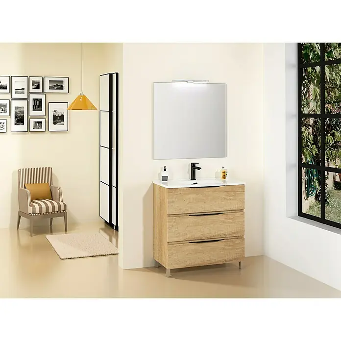 Conjunto de mueble de baño Abril - 80 cm, 3 piezas, Nature, Mate