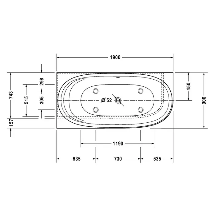 Duravit Cape Cod Badewanne - 190 x 90 cm, Raumecke Links, Mineralguss, Weiß - Vorderansicht