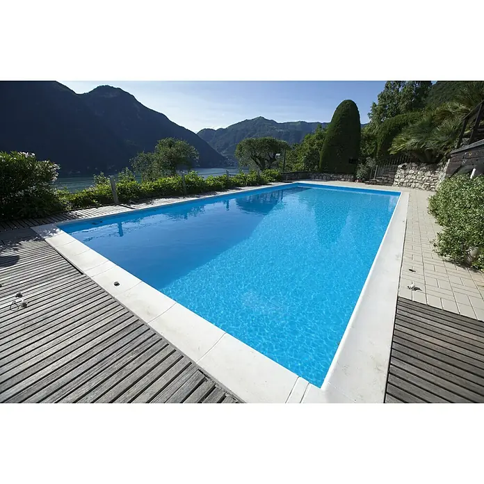 Steinbach Ökopool Classic Top - L x B x H: 800 x 400 x 145 cm, 41,5 m³, Blau, Ecktreppe Rechts - Vorderansicht