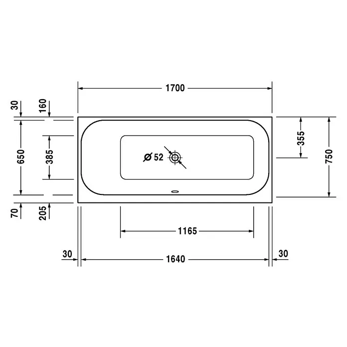 Duravit Happy D.2 Badewanne - 170 x 75 cm, Rückenschräge Links, Sanitäracryl, Weiß - Vorderansicht