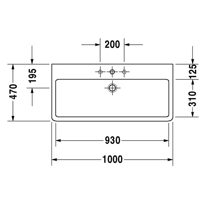 Duravit Vero Waschtisch - 100 x 47 cm, Mit schmutzabweisender Glasur, Hahnloch: Mitte, Mit Überlauf, Weiß, Ungeschliffen - Skizze