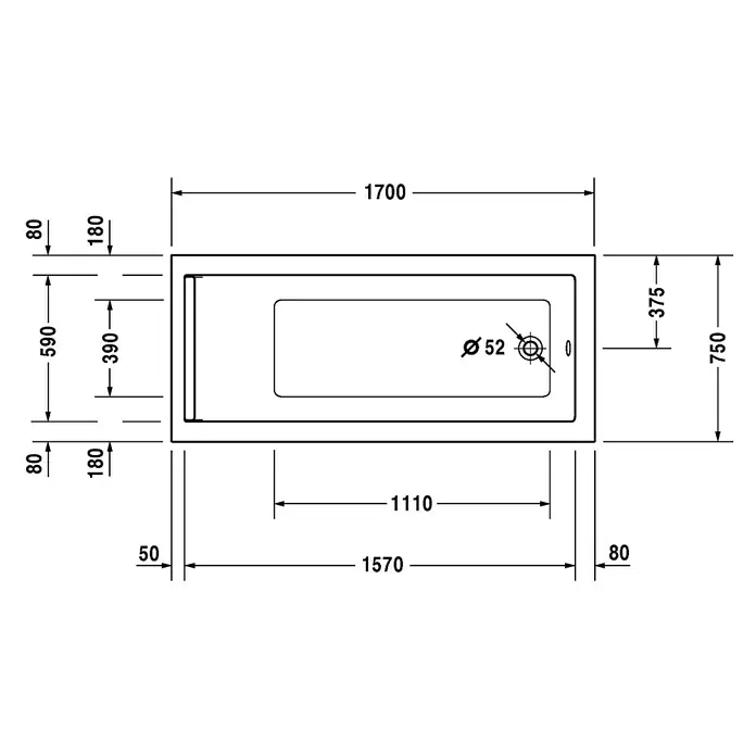 Duravit Starck 1 Badewanne - 170 x 75 cm, Sanitäracryl, Weiß - Vorderansicht