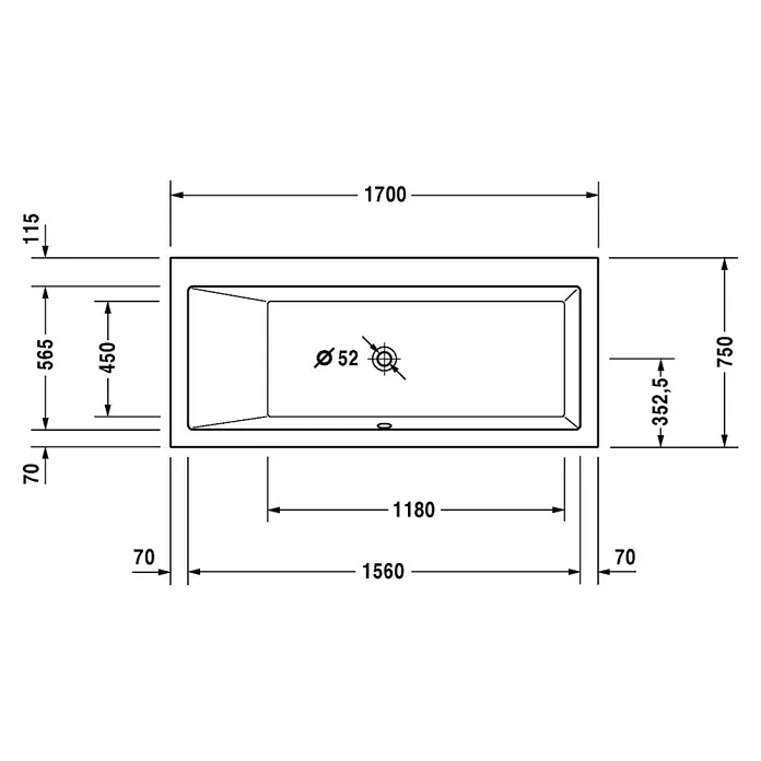 Duravit Vero Badewanne - 170 x 75 cm, Rückenschräge Links, Sanitäracryl, Weiß - Vorderansicht
