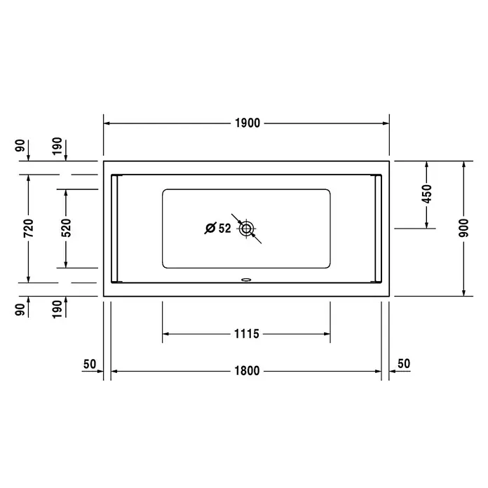 Duravit Starck 1 Badewanne Typ 3 - 190 x 90 cm, Sanitäracryl, Weiß - Vorderansicht