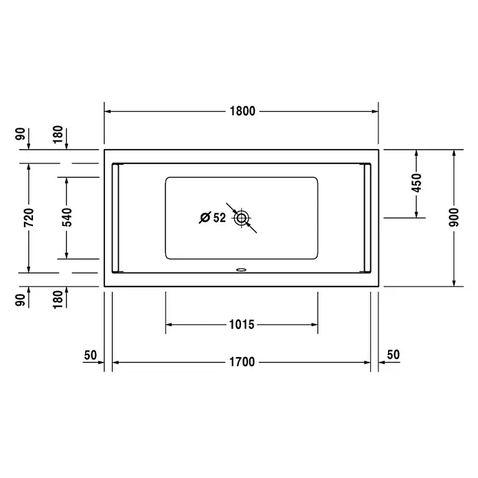 Duravit Starck 1 Badewanne Typ 3 - 180 x 90 cm, Sanitäracryl, Weiß - Vorderansicht