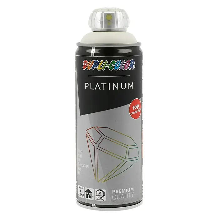 Dupli-Color Platinum Sprej s lakom u boji platinum RAL 9010 - Čisto bijele boje, 400 ml, Svilenkasti mat - Pogled sprijeda