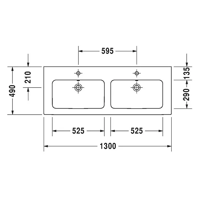 Duravit ME by Starck Doppelwaschtisch - 130 x 49 cm, Ohne Spezialglasur, Anzahl Hahnlöcher: 2, Mit Überlauf, Weiß