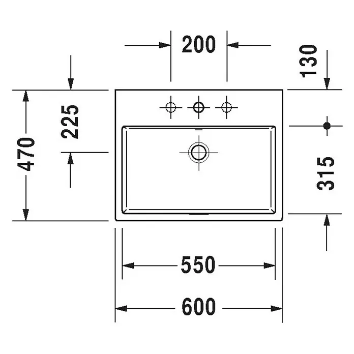 Duravit Vero Air Waschtisch - 60 x 47 cm, Ohne Spezialglasur, Hahnloch: Ohne, Überlauf: Mit Überlauf, Weiß, Geschliffen - Skizze