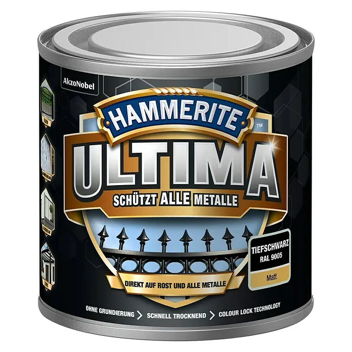 Hammerite Metall-Schutzlack ULTIMA - RAL 9005, Tiefschwarz, 250 ml, Matt