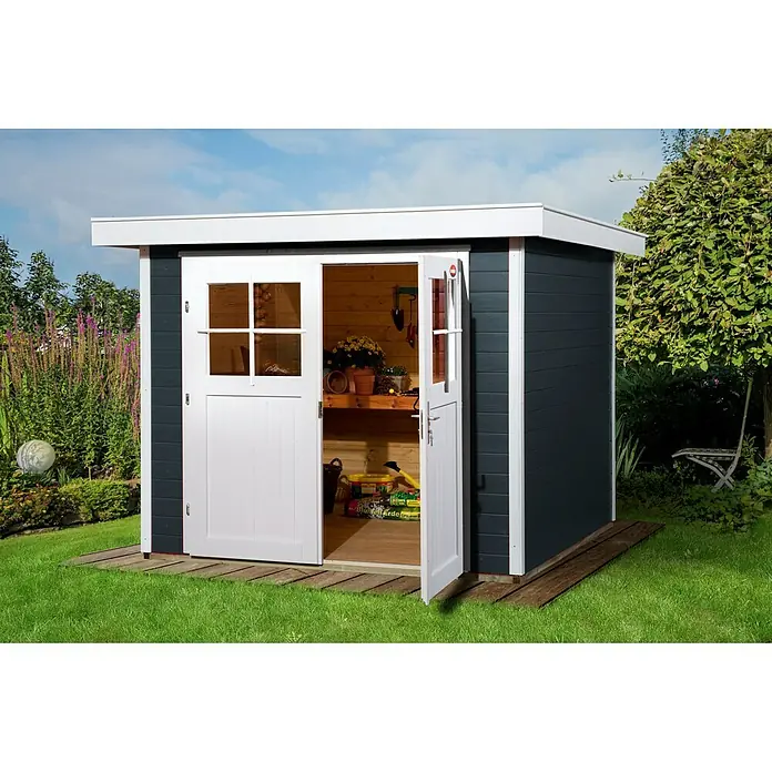 Weka Gerätehaus Colore 2 - Außenbreite inkl. Dachüberstand: 259 cm, Außentiefe inkl. Dachüberstand: 284 cm, Holz, Anthrazit, Weiß - Stimmungsaufnahme
