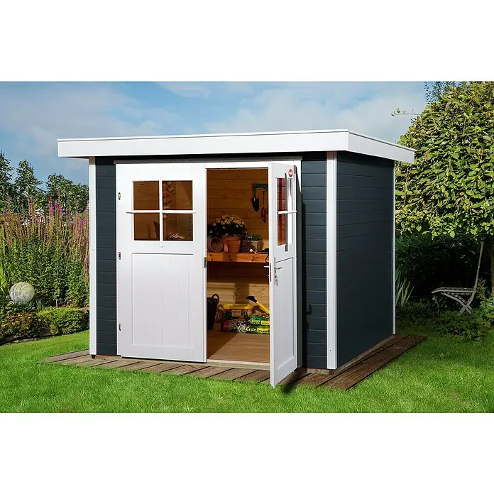 Weka Gerätehaus Colore 1 - Außenbreite inkl. Dachüberstand: 259 cm, Außentiefe inkl. Dachüberstand: 253 cm, Holz, Anthrazit, Weiß - Stimmungsaufnahme