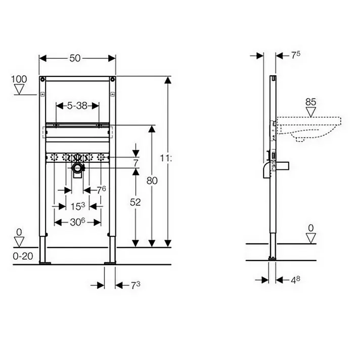 Geberit Duofix Waschtisch-Vorwandelement 111.430.00.1 - 7 x 50 x 112 cm, Pulverbeschichtet - Vorderansicht