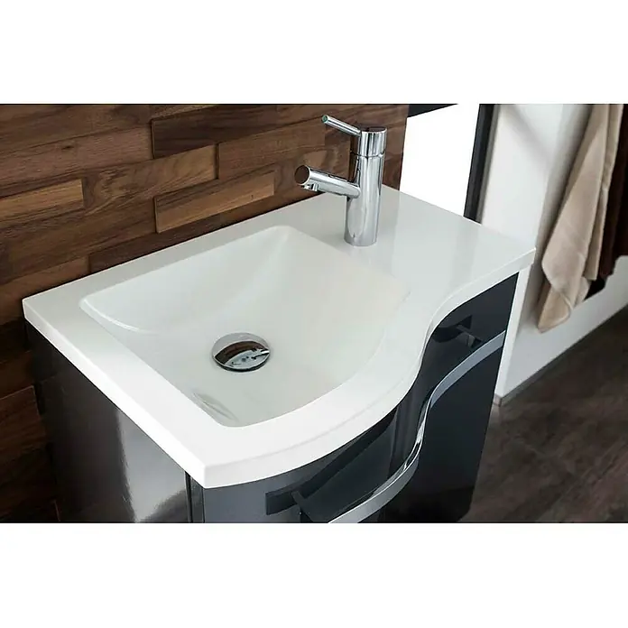 Camargue Wave Mini Einbauwaschbecken - 60 x 40 cm, Links, Mineralguss, Weiß - Detailaufnahme