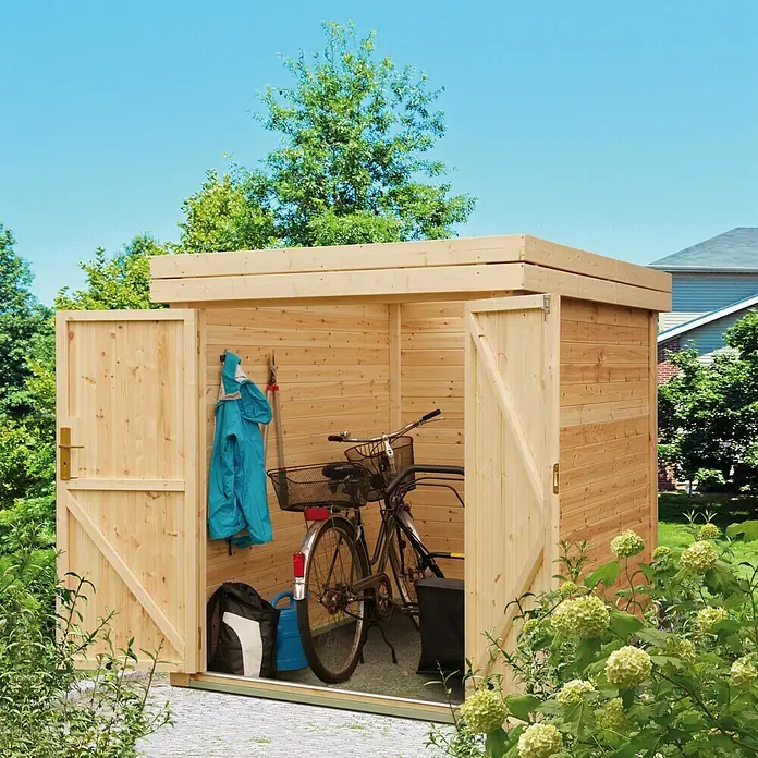 Gerätehaus - Außenbreite inkl. Dachüberstand: 164 cm, Außentiefe inkl. Dachüberstand: 221 cm, Holz, Natur - Stimmungsaufnahme