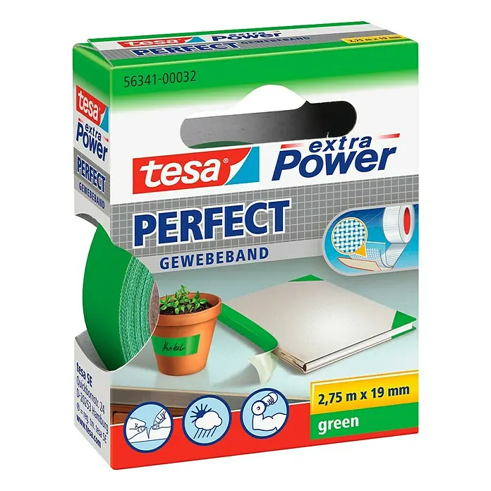Tesa Extra Power Gewebeband PERFECT - Grün, 2,75 m x 19 mm - Linke Seitenansicht