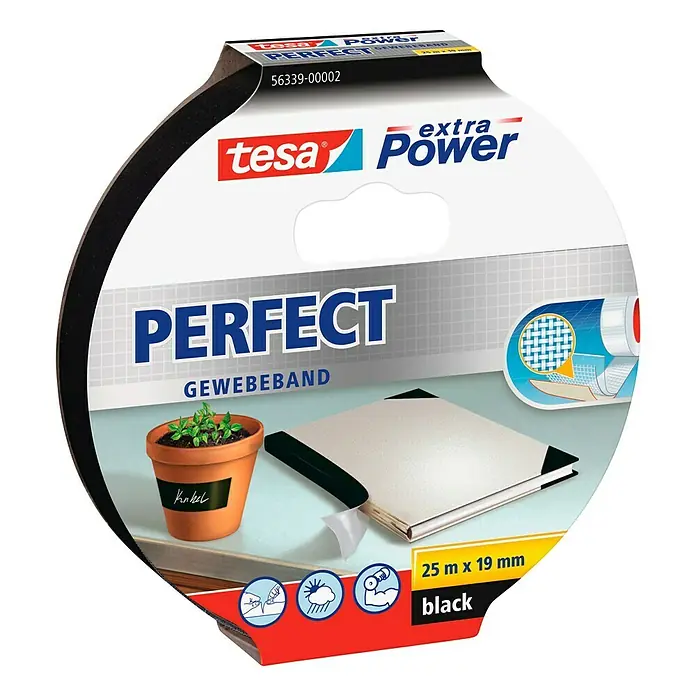 Tesa Extra Power Gewebeband PERFECT - Schwarz, 25 m x 19 mm - Linke Seitenansicht