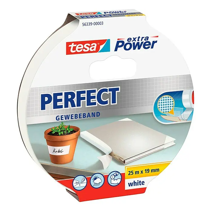 Tesa Extra Power Gewebeband PERFECT - Weiß, 25 m x 19 mm - Linke Seitenansicht