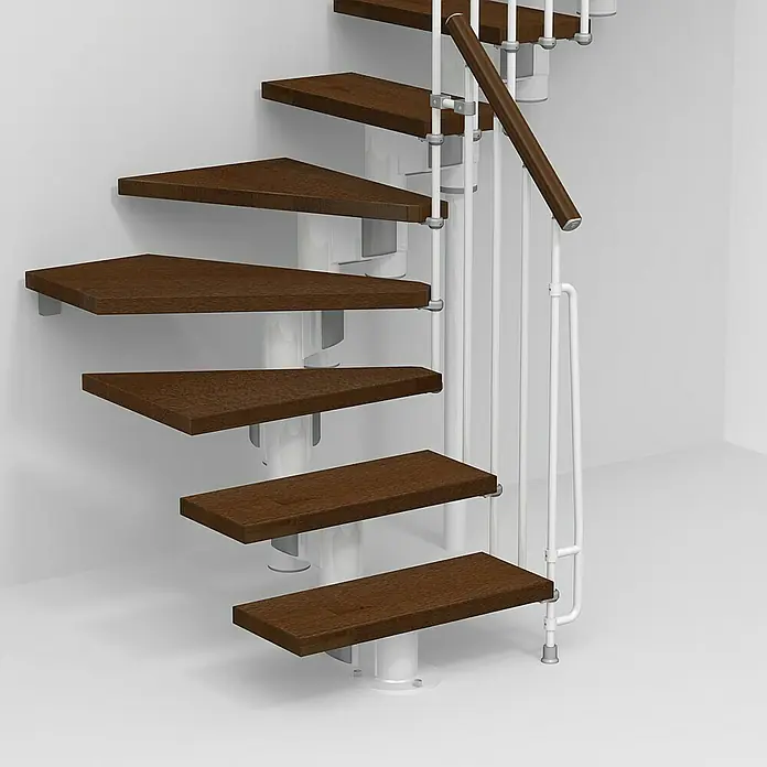 Fontanot Arké Mittelholmtreppe Kompact 74 - Breite: 74 cm, Weiß, 1/4-gewendelt, Farbe Stufen: Buche Dunkel, Geschosshöhe: 191 cm - 303 cm - Detailaufnahme